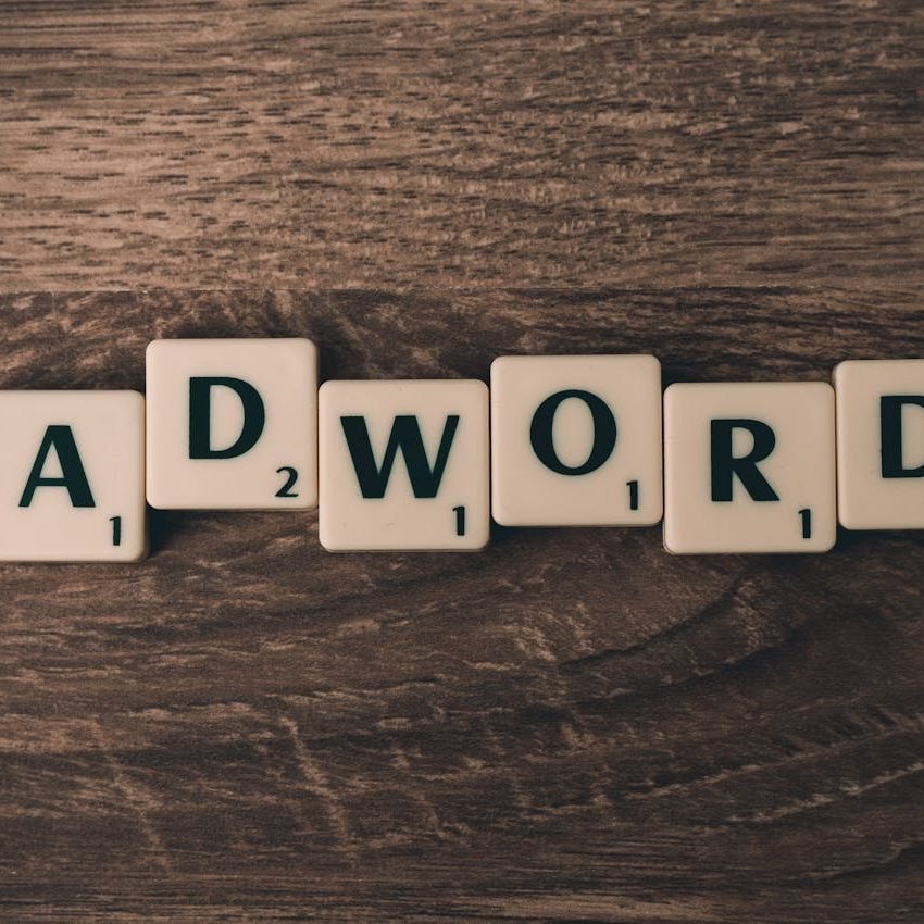 Scrabble Forming Adwords on Brown Wooden Surface